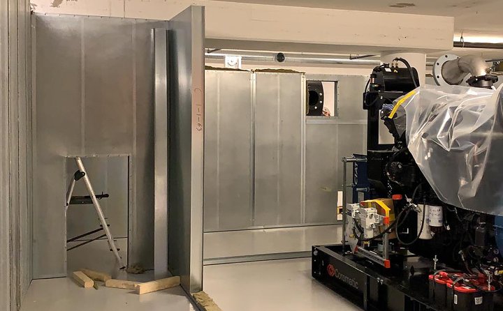 Marine vibration isolation of a generator set, as well as noise reduction using an enclosure.