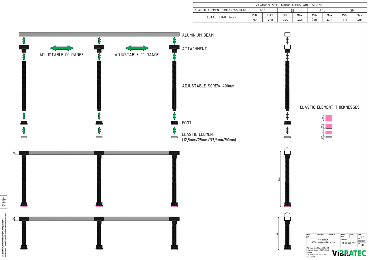If you need the maximum build height, then you need the 400 mm long adjustment screw. Different isolator pad heights available, depending on natural frequency performance.
