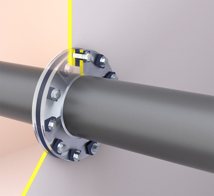 An illustration of our bulkhead penetration VT-BHP. The seal is watertight and an elastic suspension of the pipe as well, which reduces vibrations from spreading through the structure of the vessel.