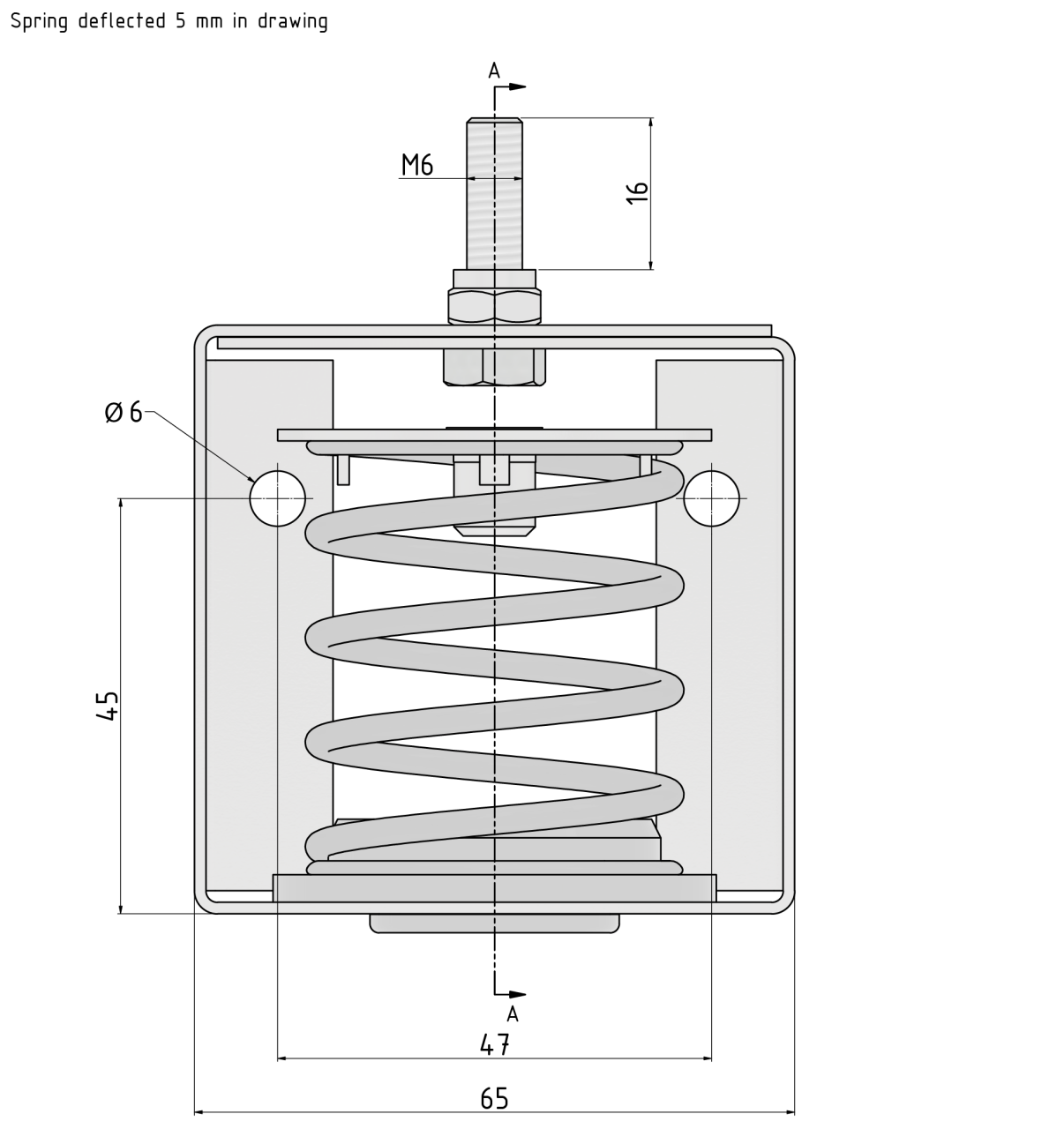 Front view technical drawing of Vibratec's ceiling hanger VT-MSH. A spring isolator with a natural frequency between 4-5 Hz.