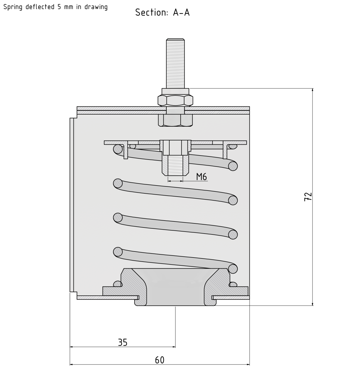 Section A-A technical drawing of Vibratec's ceiling hanger VT-MSH. A spring isolator with a natural frequency between 4-5 Hz.