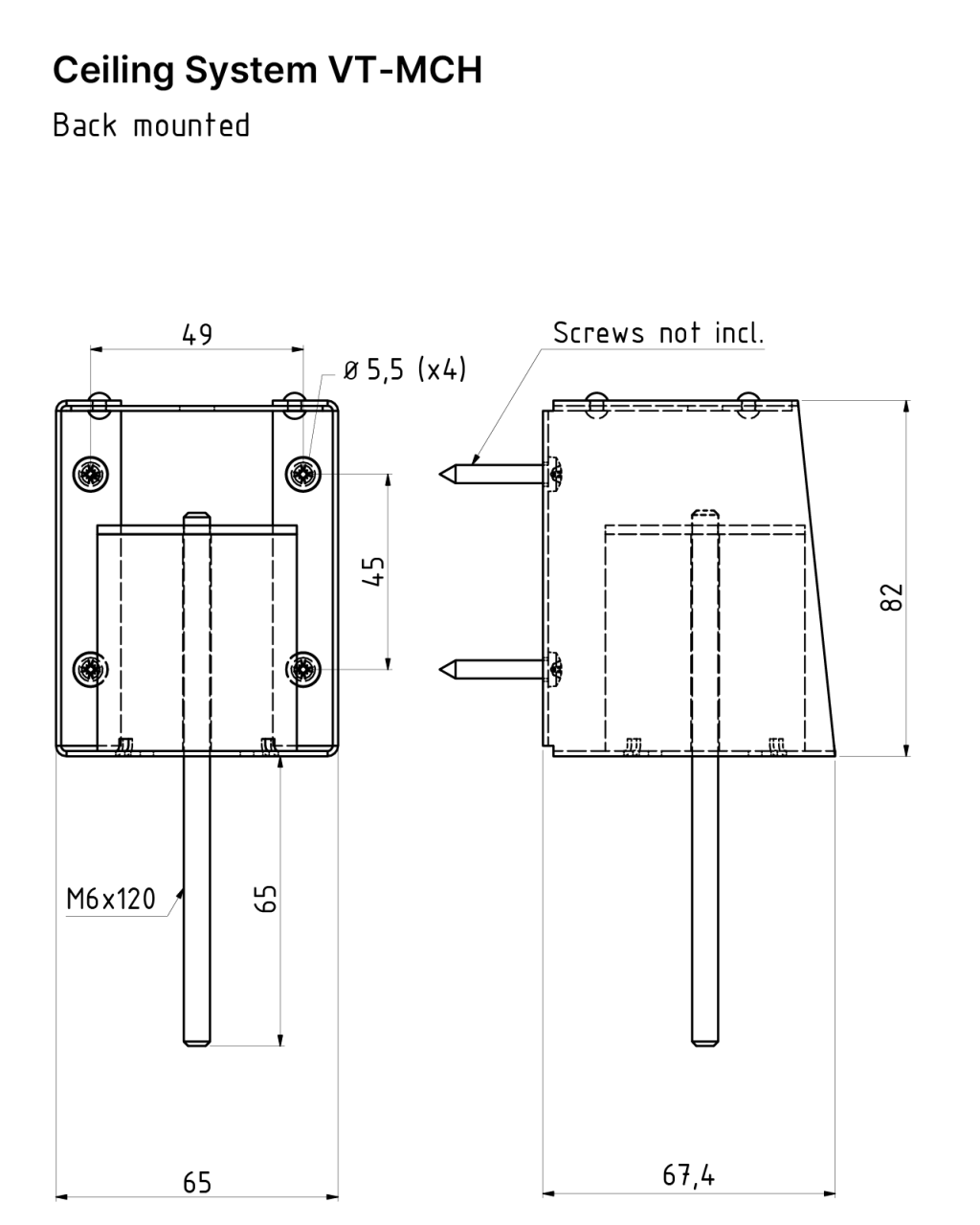 Technical drawing showing a back mounted VT-MCH hanger. A part of the suspended ceiling system VT-MCH from Vibratec.