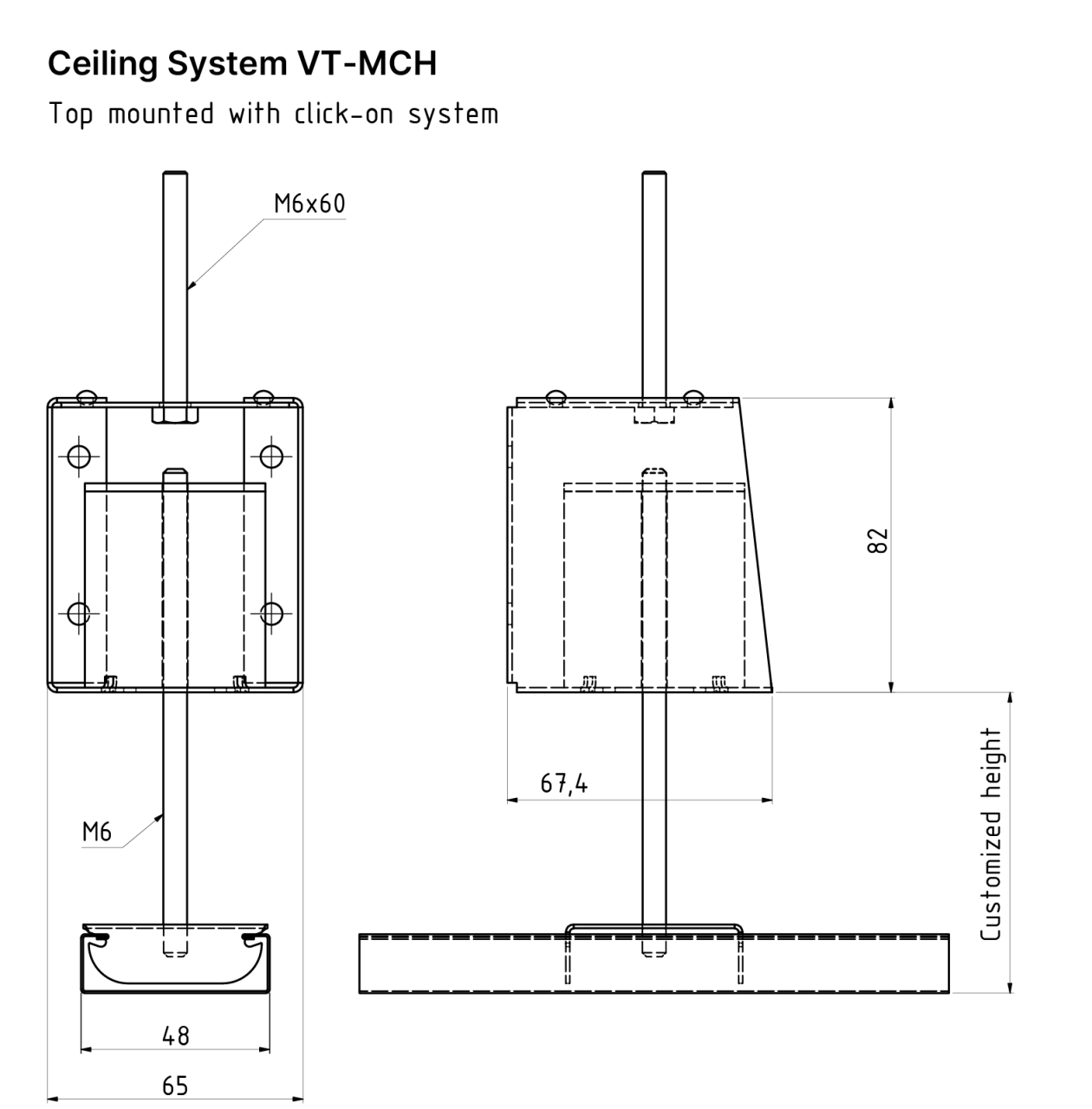 Technical drawing of the ceiling system VT-MCH with top mounted hanger and click-on battens
