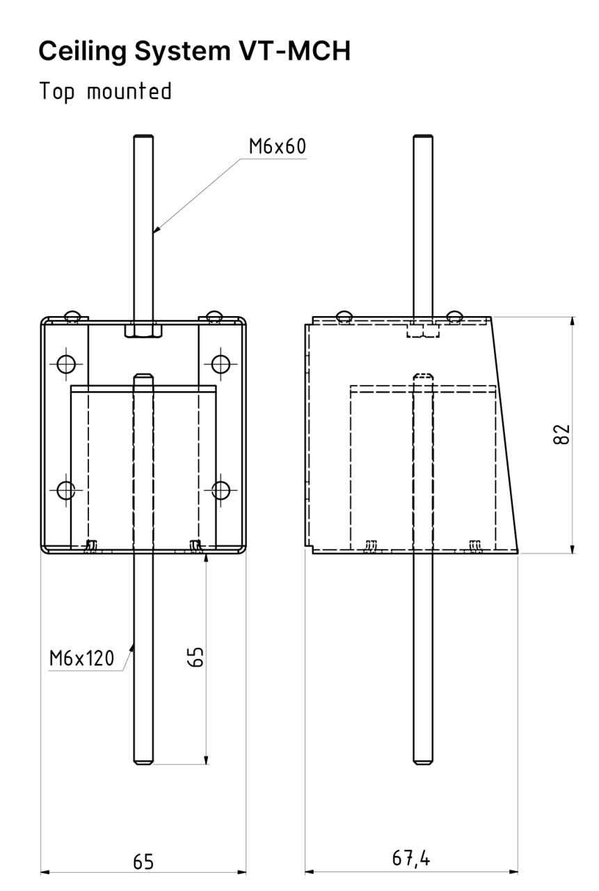 Technical drawing showing a top mounted VT-MCH hanger. Also a part of the suspended ceiling system VT-MCH from Vibratec.