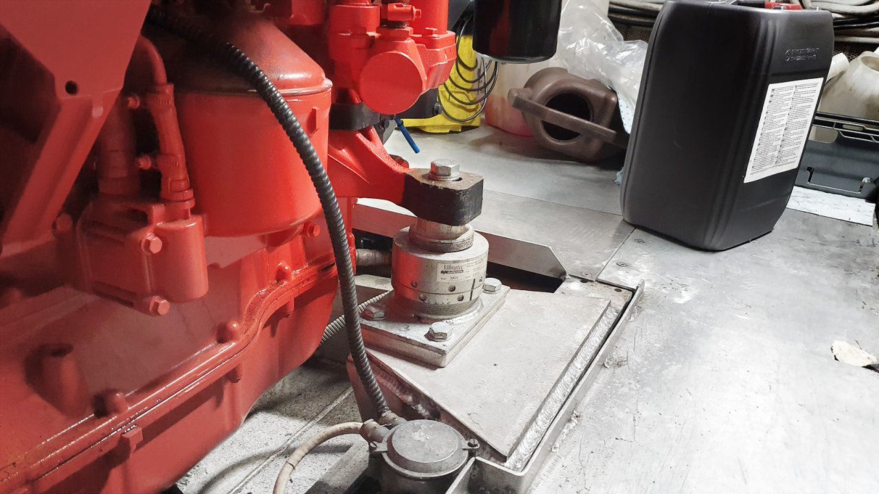 Marine vibration isolation of marine engines. The engine is suspended elastically with spring isolators from Vibratec.