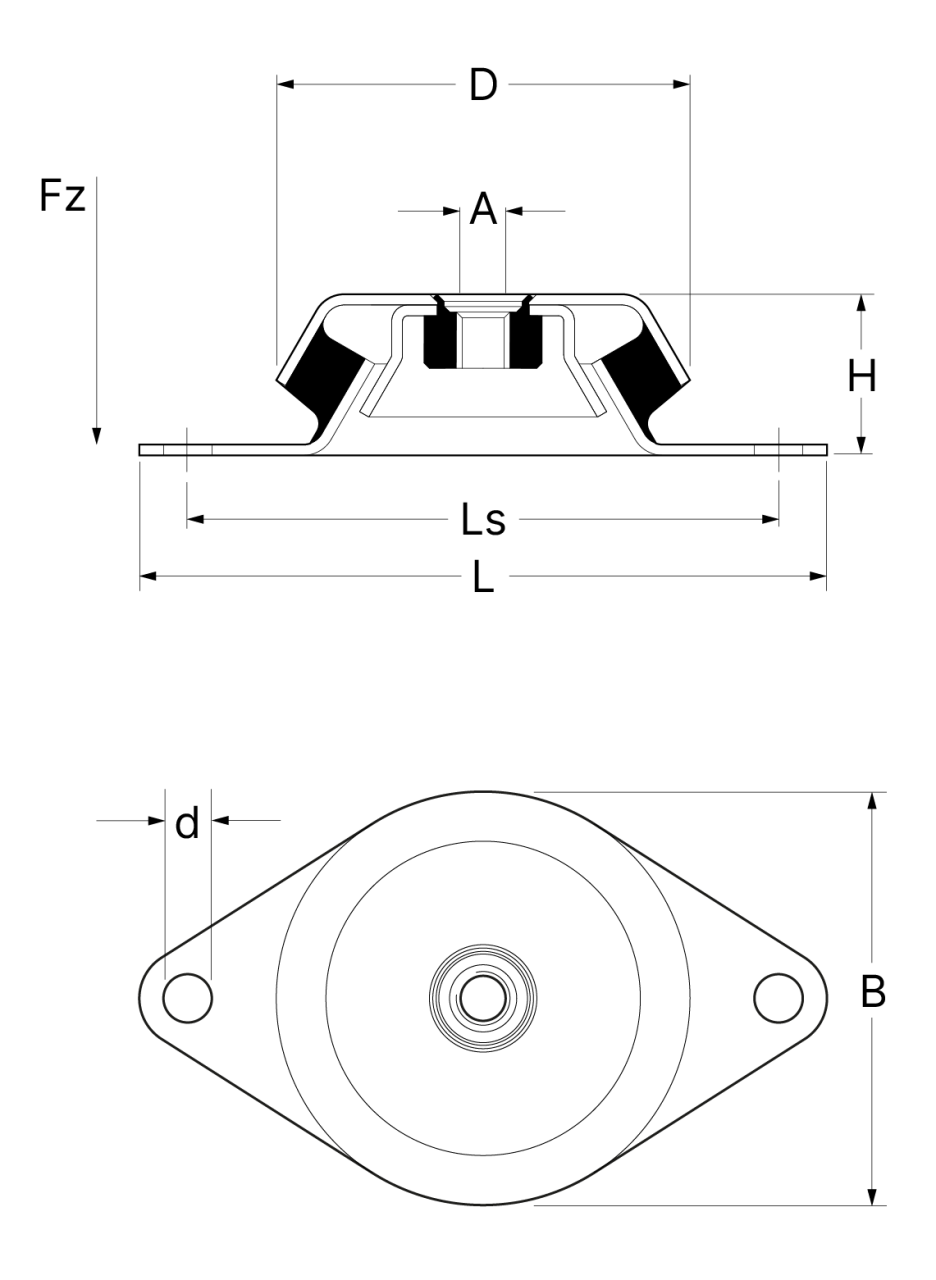 A technical drawing showing the measurements of the vibration isolator VT-DMS 077, 094, 108, 120, and 144.