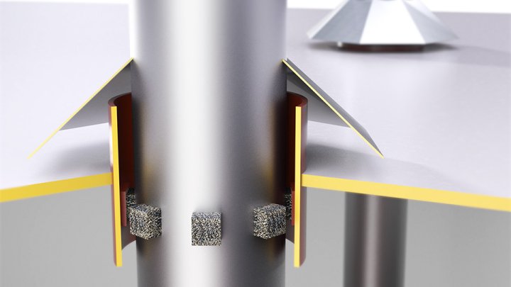 Marine and offshore vibration isolation. Vibratec VT-FTPC Funnel Top Penetration Clamp used for elastically suspending pipes while also penetration the deck of a ship.