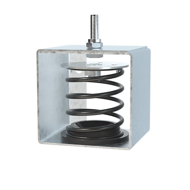 Vibratecs own ceiling hanger with a spring isolator is available with five different springs with a load range from 5-7 kg up to 20-30 kg with the stiffest spring and a natural frequency of 4-5 Hz.