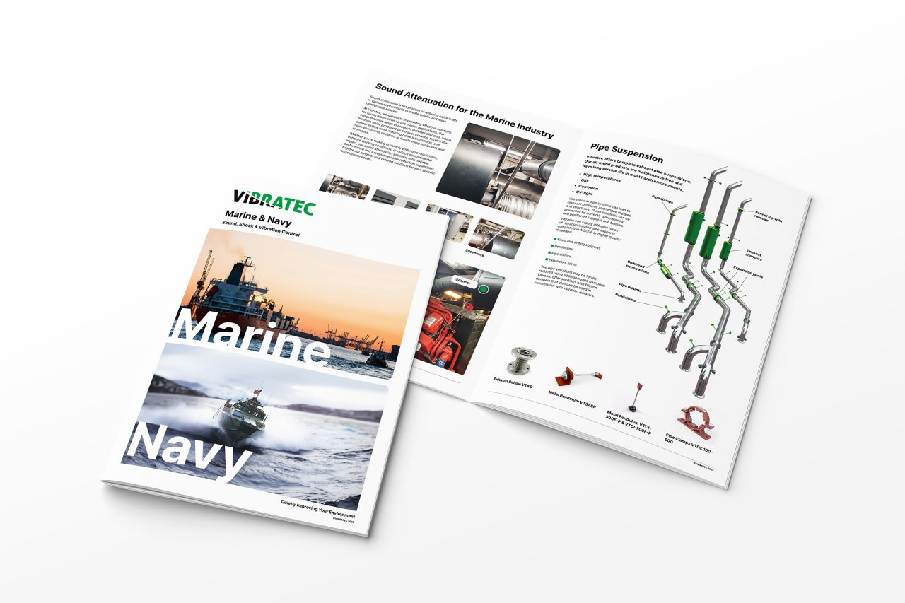 An image of the front page and spread from Vibratecs brochure for the maritime industry