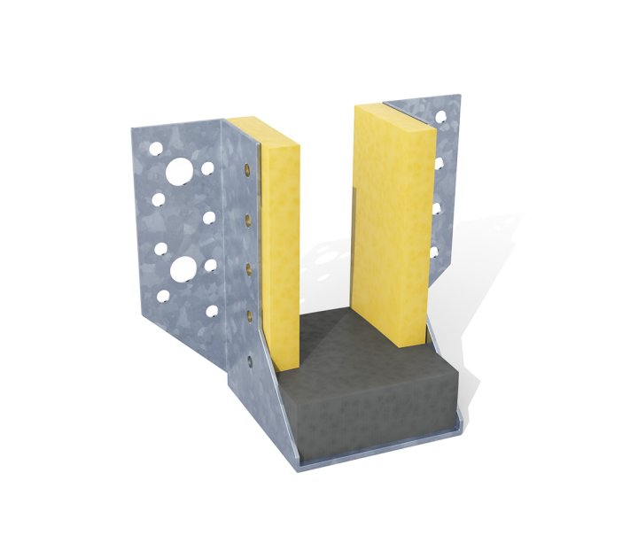 The joist hangers are mechanically fixed to the wall and wooden beams are mounted into the hangers.