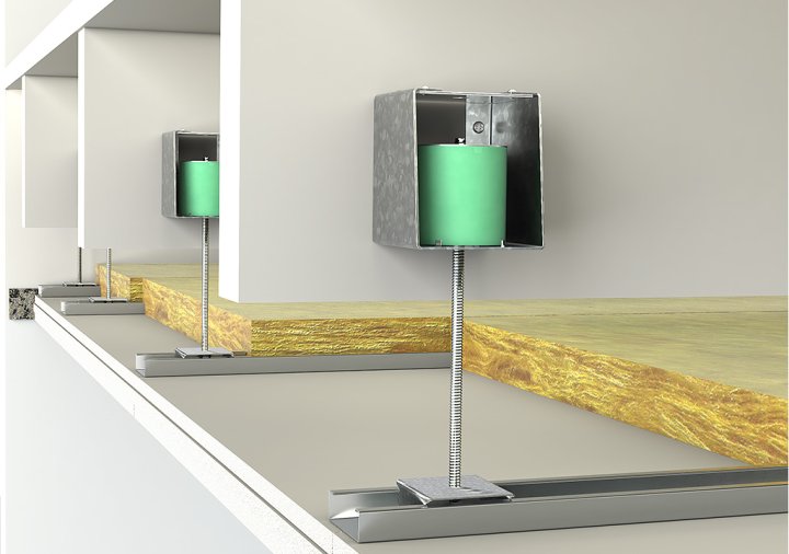 Acoustic suspended ceiling system VT-MCH. The mount can be fixed in two different ways; top or side mounted. This is a great feature where space is limited.