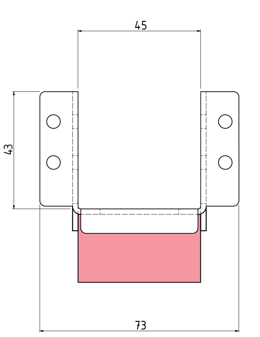 The dimensions of the VT-FFB-Low floor bracket for constructing elastic, floating floors, in markets where wooden joists are 45 mm in thickness.