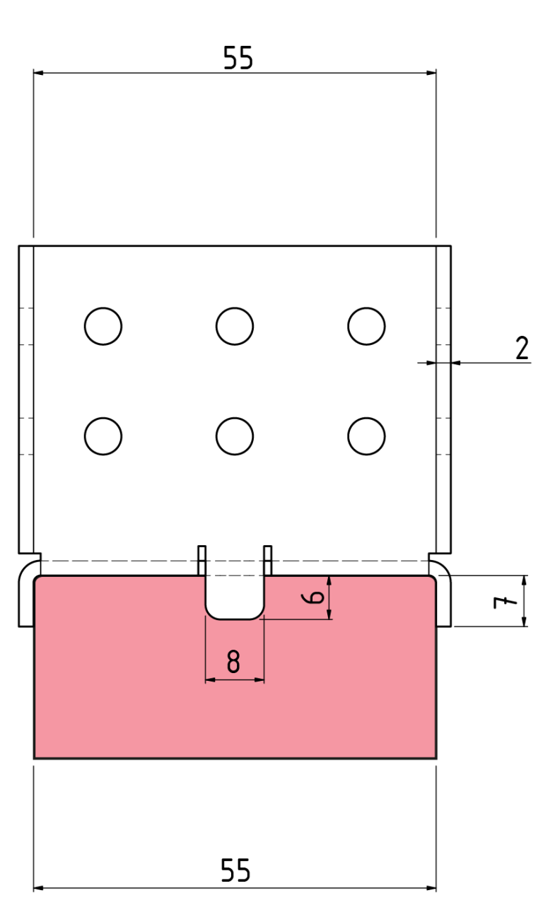 The dimensions of the VT-FFB-Low floor bracket for constructing elastic, floating floors, in markets where wooden joists are 45 mm in thickness.