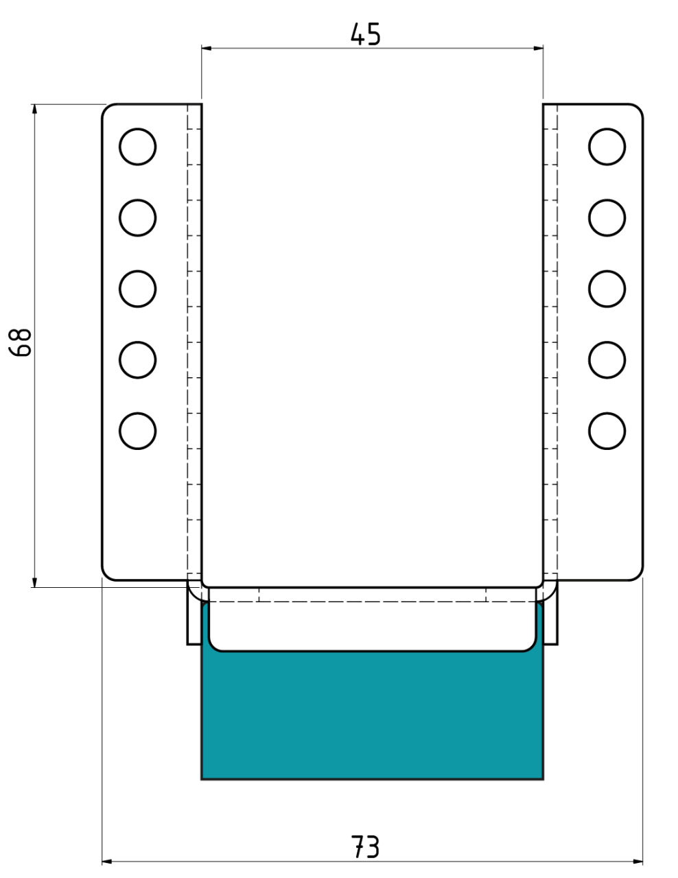 The dimensions of the VT-FFB standard floor bracket for constructing elastic, floating floors, in markets where wooden studs are 45 mm in thickness.