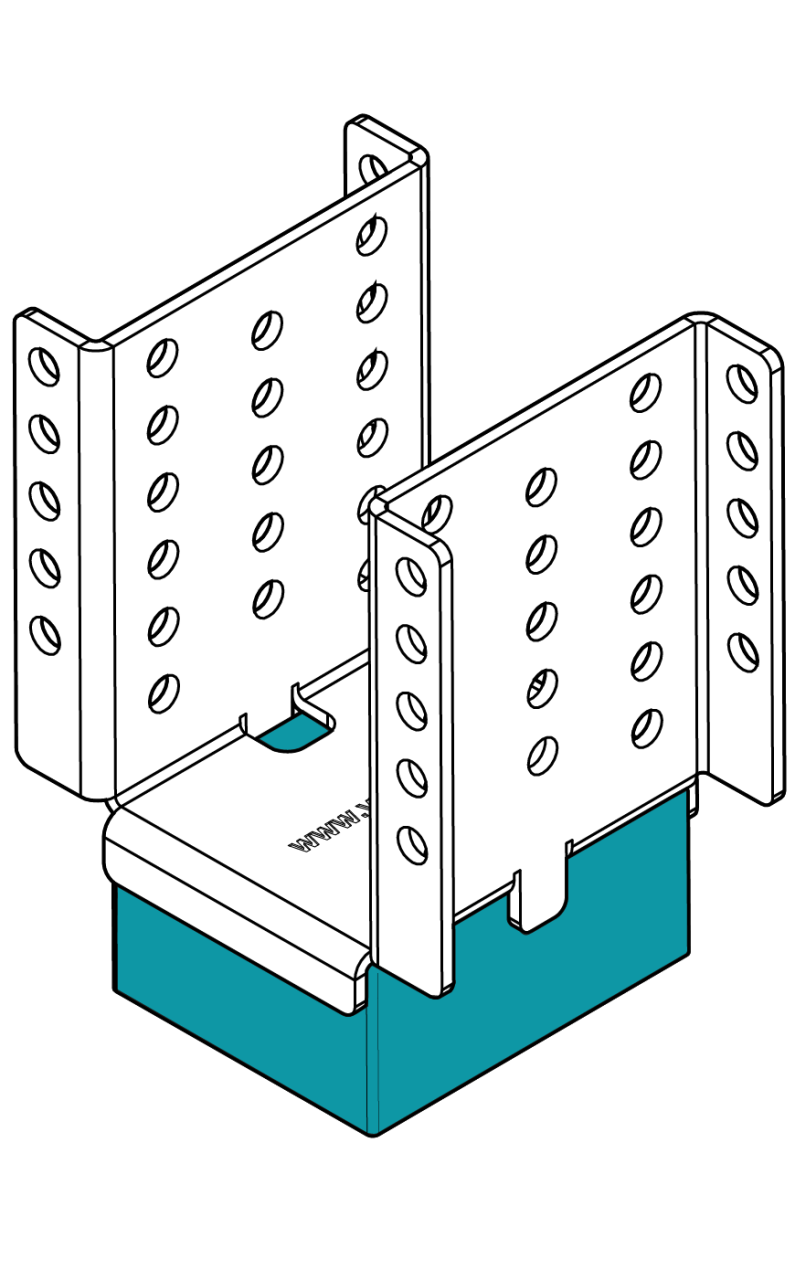 Vibratec's flexible floor bracket VT-FFB, designed for constructing elastic, floating floors, in markets where wooden studs are 45 mm in thickness. This is the standard version.
