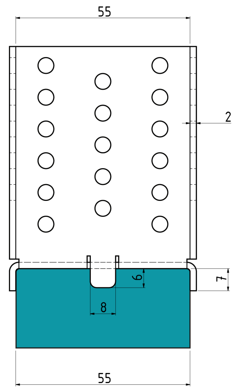 The dimensions of the VT-FFB standard floor bracket for constructing elastic, floating floors, in markets where wooden studs are 45 mm in thickness.