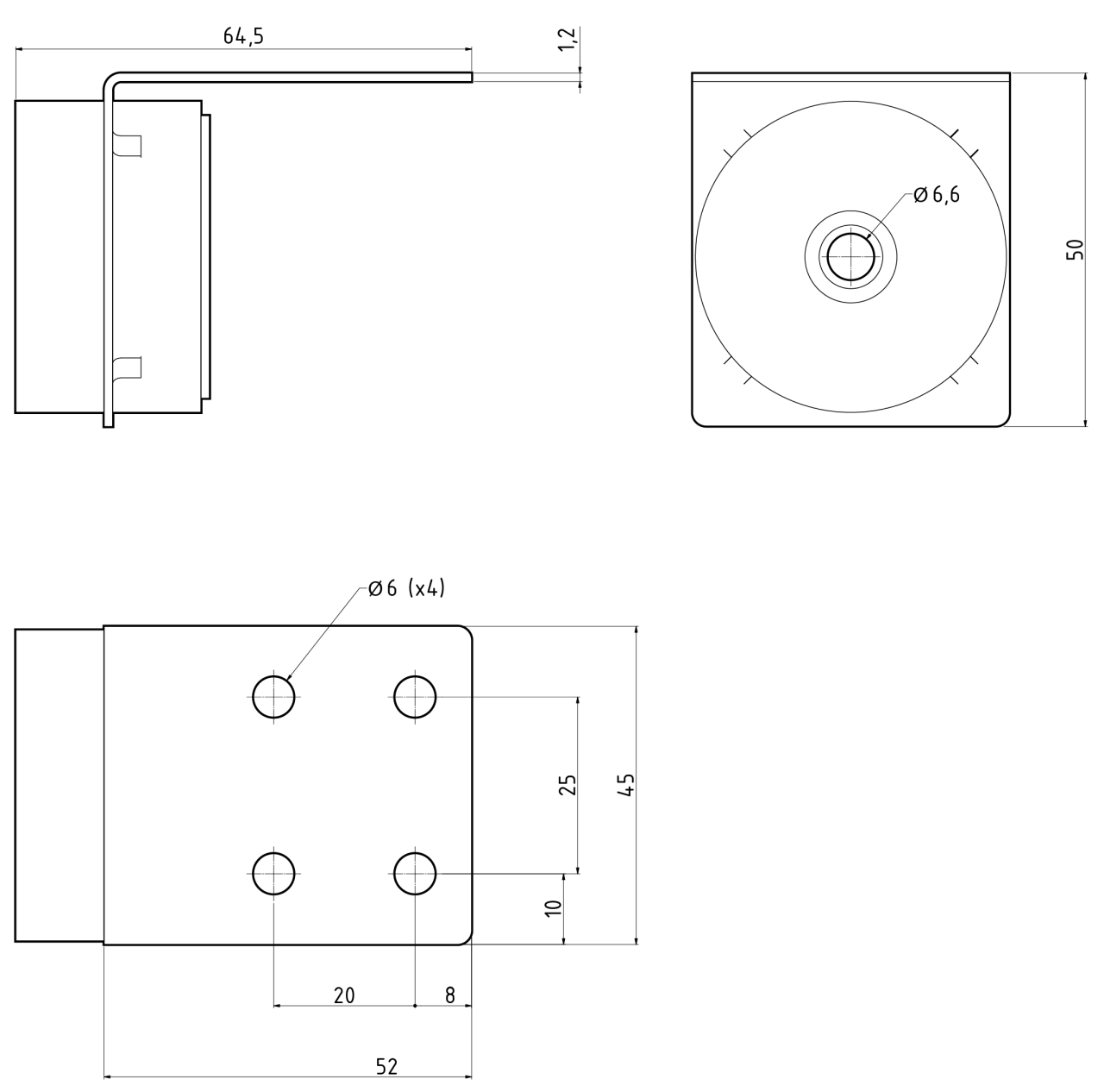 Technical drawing of the wall hanger VT-AWS-L1. This is a shorter bracket than the L2, only 52 mm, which, which builds approximately 64,5 mm from the wall.