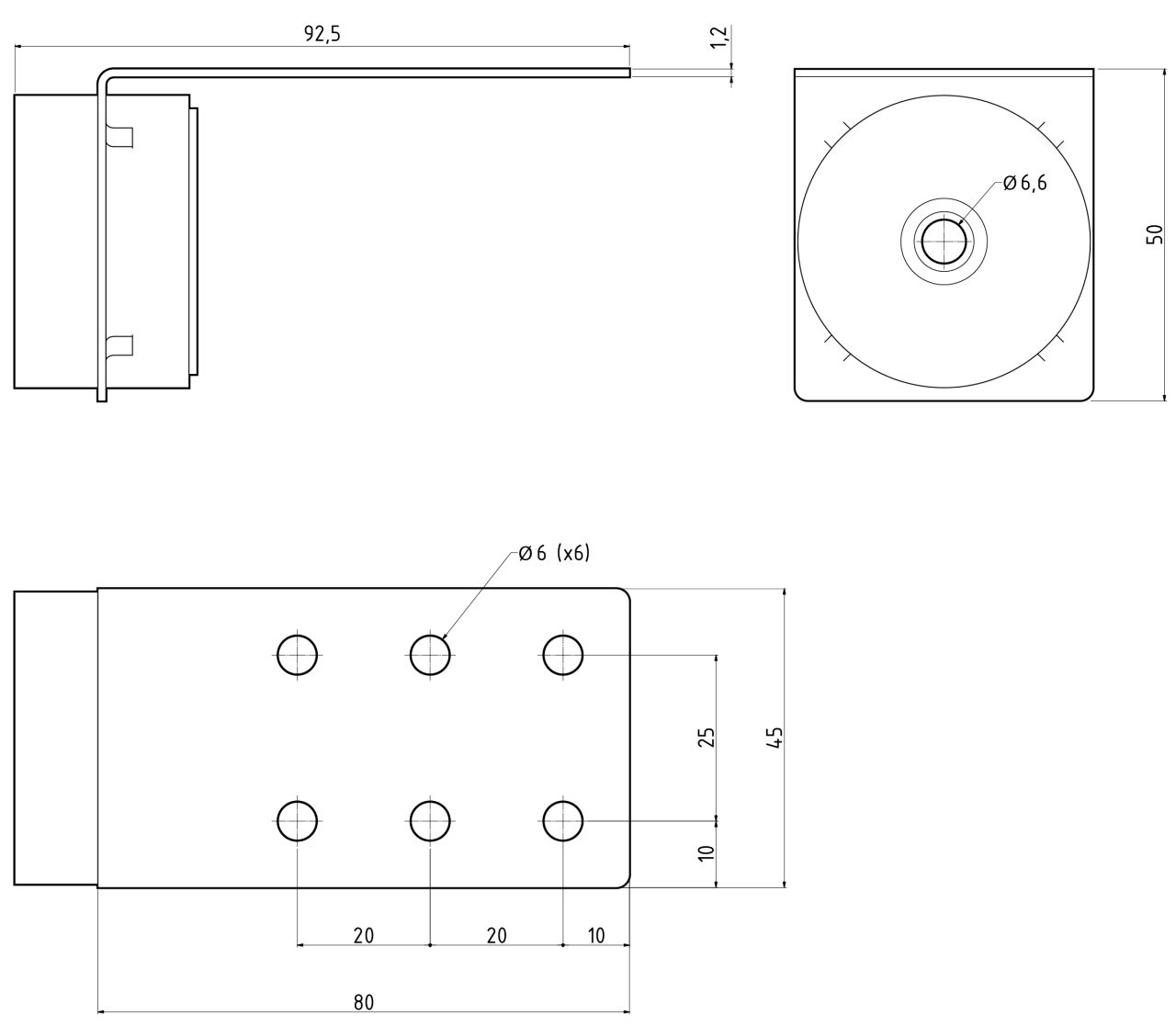 Technical drawing of the wall hanger VT-AWS-L1. This is a longer bracket, 80 mm, which builds approximately 92,5 mm from the wall.